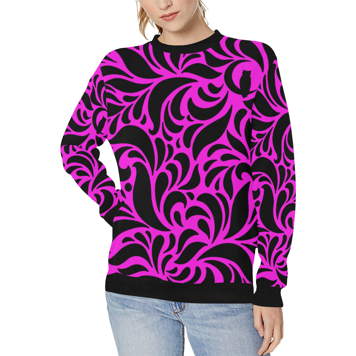 GORGIOUS LEAF PINKISH Women's Rib Cuff Crew Neck Sweatshirt (Model H34)
