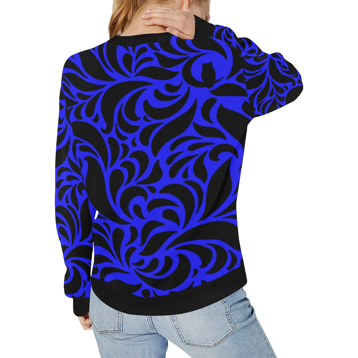 GORGIOUS LEAF BLUE Women's Rib Cuff Crew Neck Sweatshirt (Model H34)