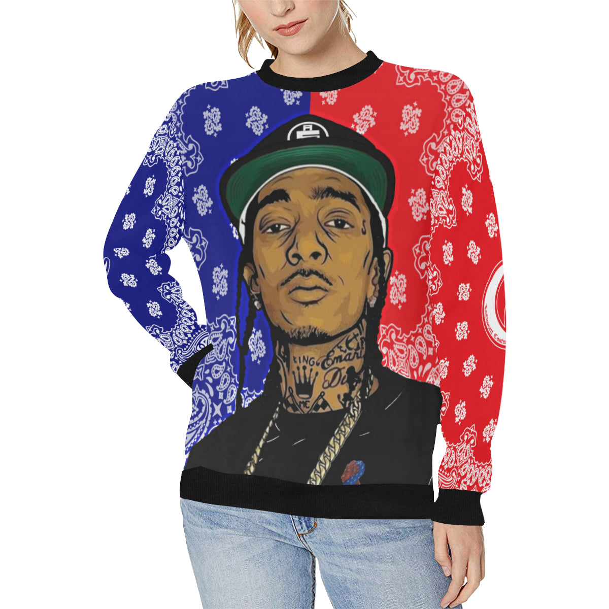 NIPSEY GANG UNITY Women's Rib Cuff Crew Neck Sweatshirt (Model H34)