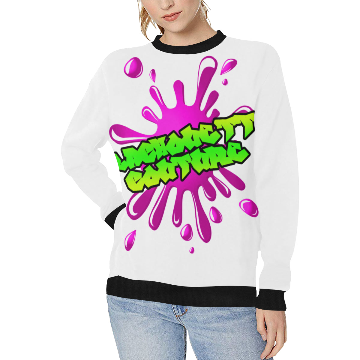 SPLASH OUT WHT Women's Rib Cuff Crew Neck Sweatshirt (Model H34)