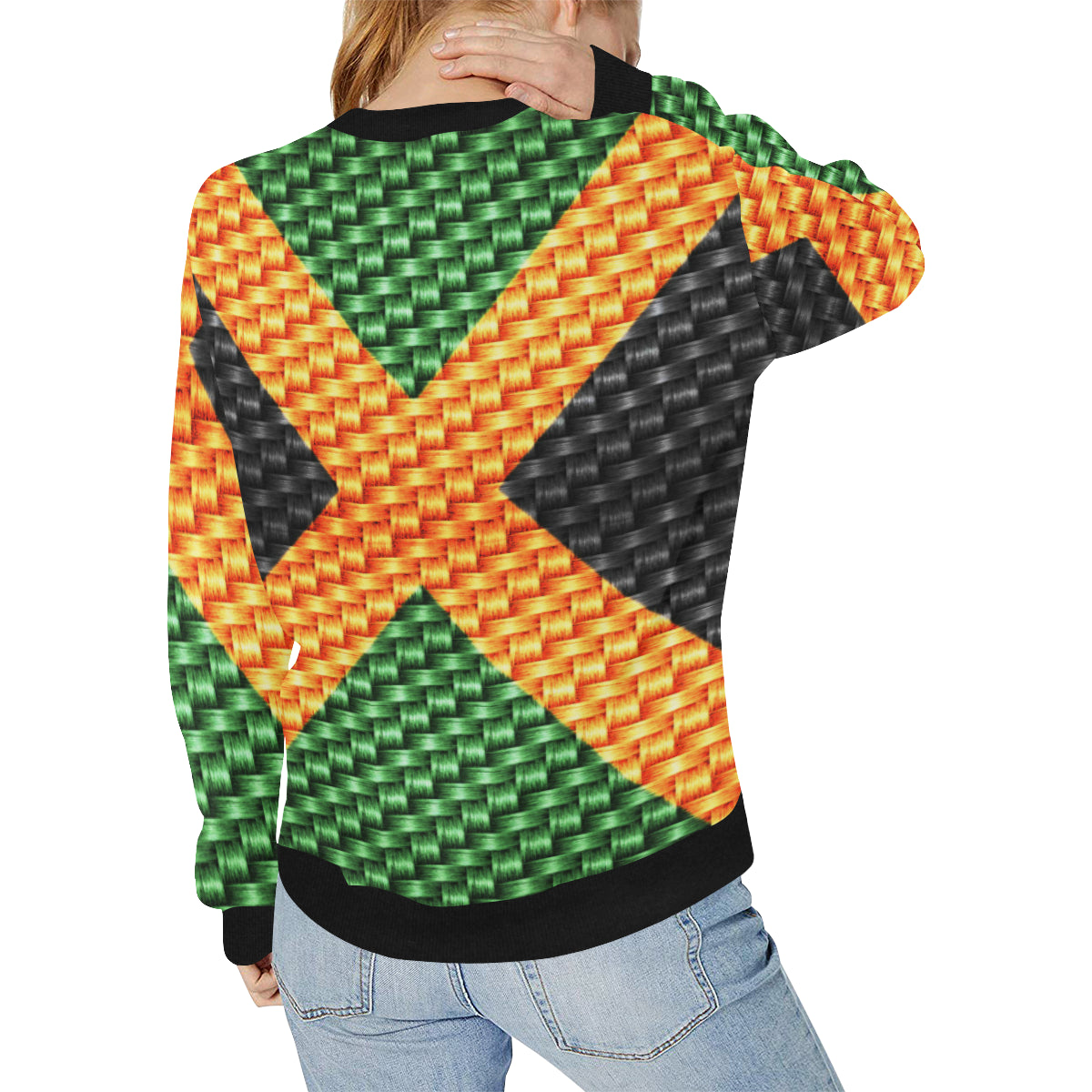 JAMAICA FLAG Women's Rib Cuff Crew Neck Sweatshirt (Model H34)