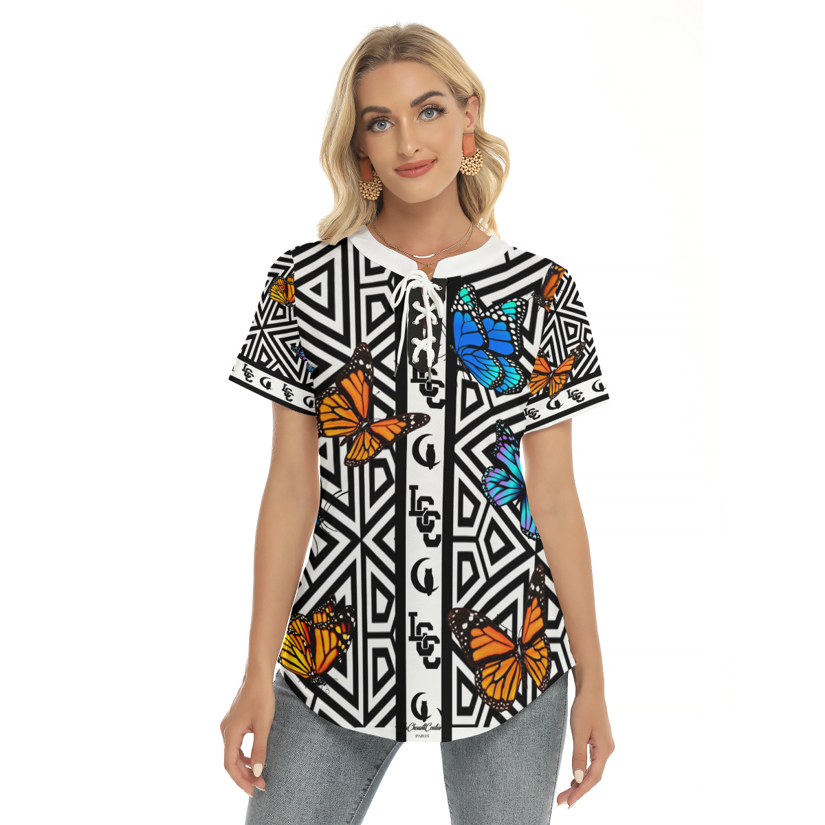 BUTTERFLY LCC Women's V-Neck Drawstring T-shirt