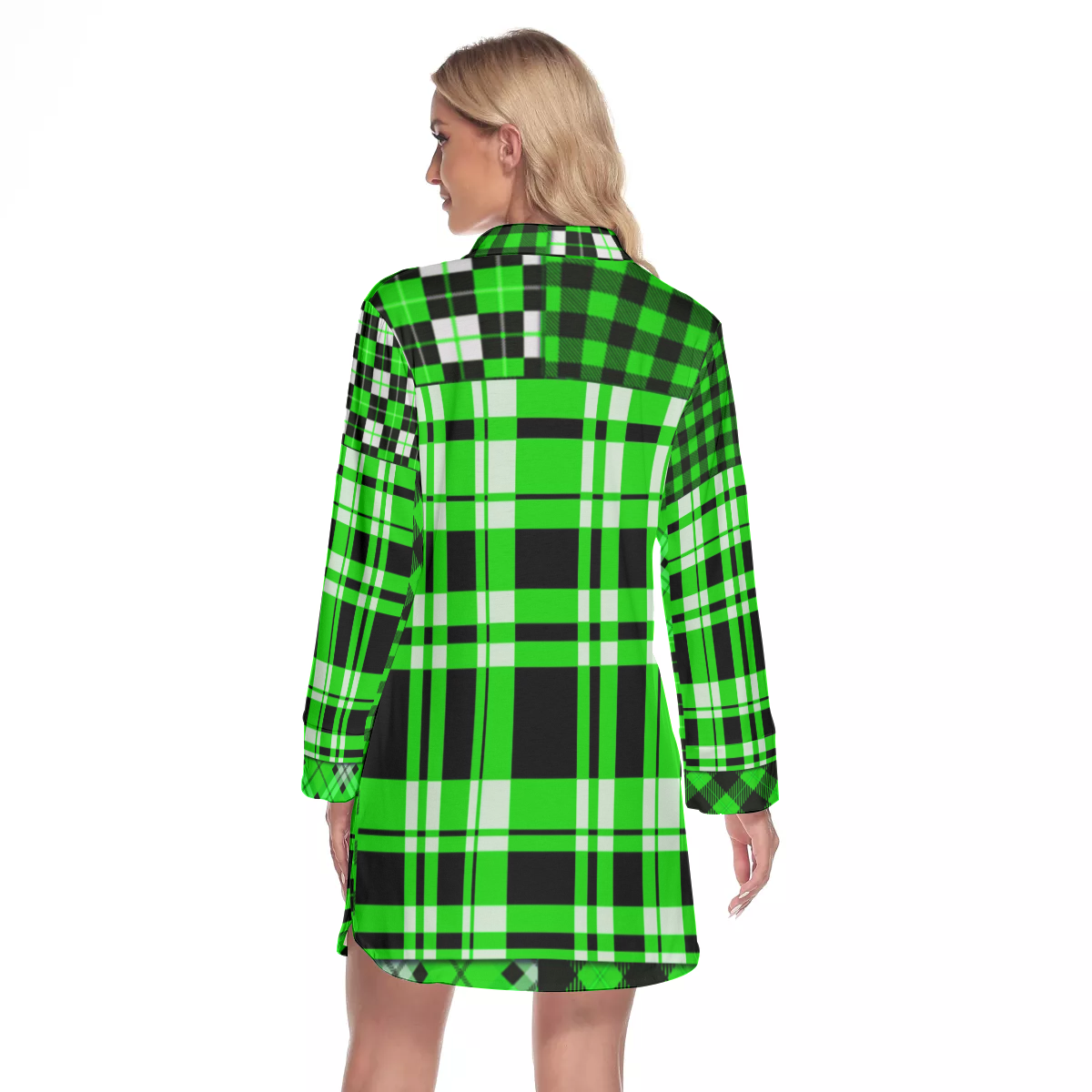 FLEXIN PLAID FLUO Women's Lapel Shirt Dress With Long Sleeve