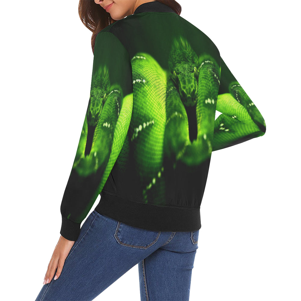 SNAKE GREEN All Over Print Bomber Jacket for Women (Model H19)
