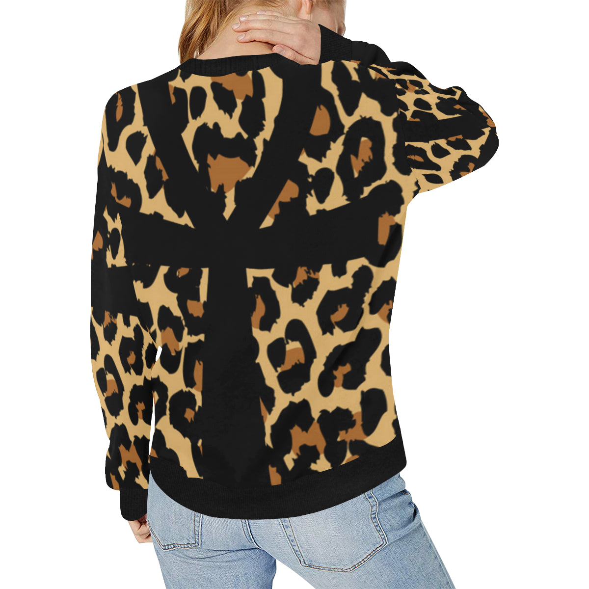 CHEETAH ANKH Women's Rib Cuff Crew Neck Sweatshirt