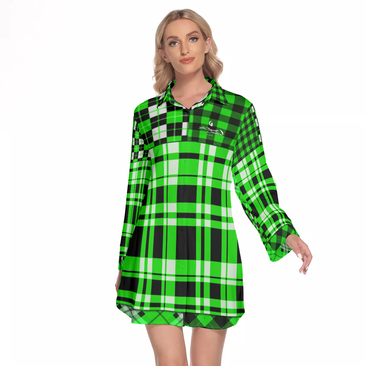 FLEXIN PLAID FLUO Women's Lapel Shirt Dress With Long Sleeve