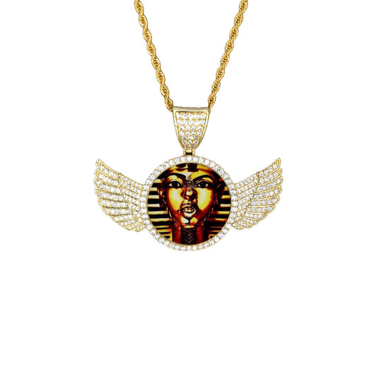 THUG PHAROAH Wings Gold Photo Pendant with Rope Chain