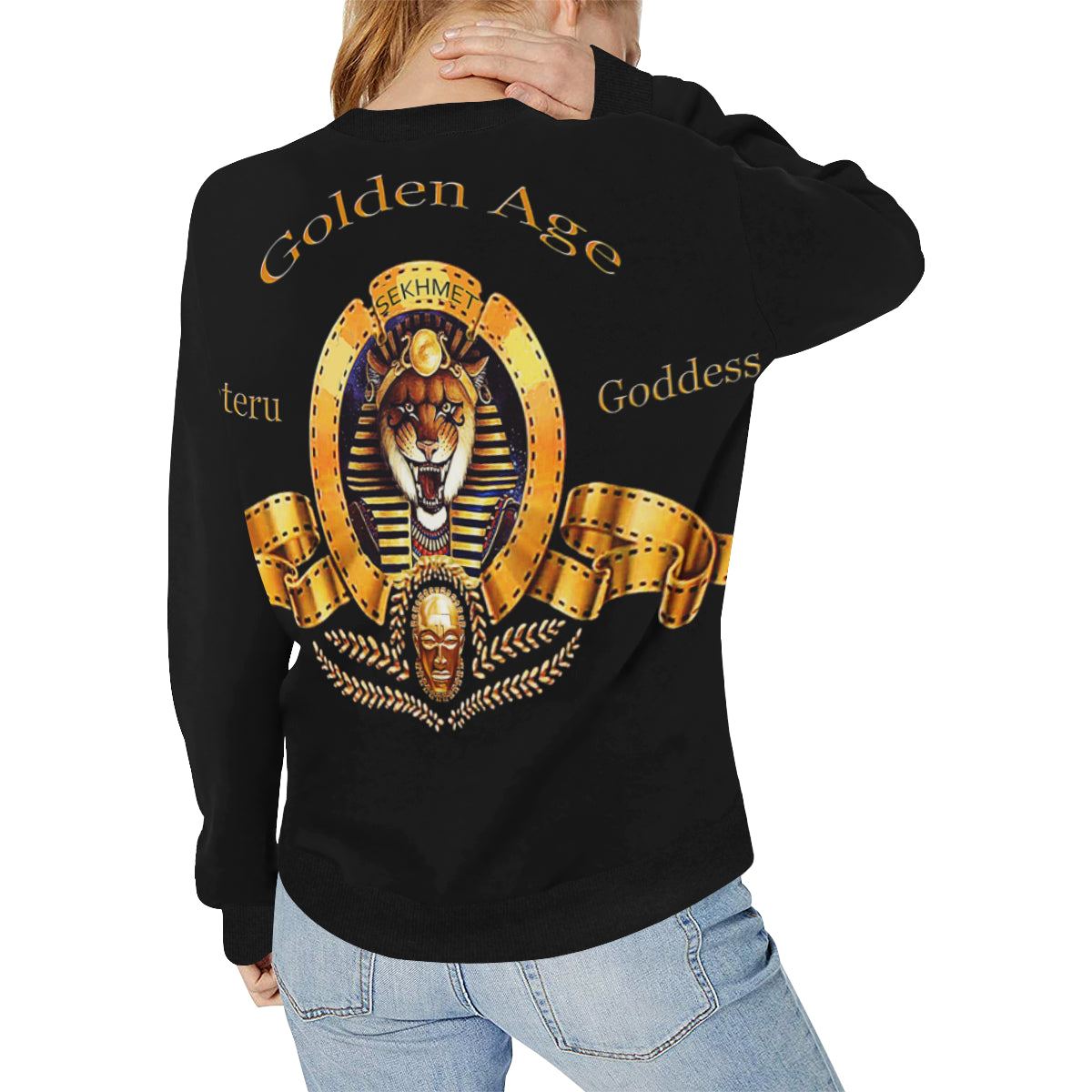 SEKHMET GODDESS BL Women's Rib Cuff Crew Neck Sweatshirt (Model H34)