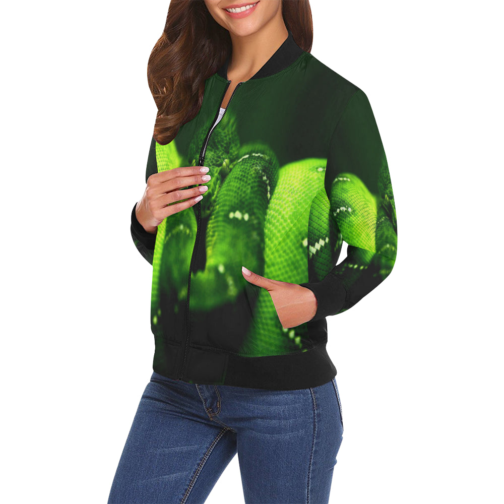 SNAKE GREEN All Over Print Bomber Jacket for Women (Model H19)