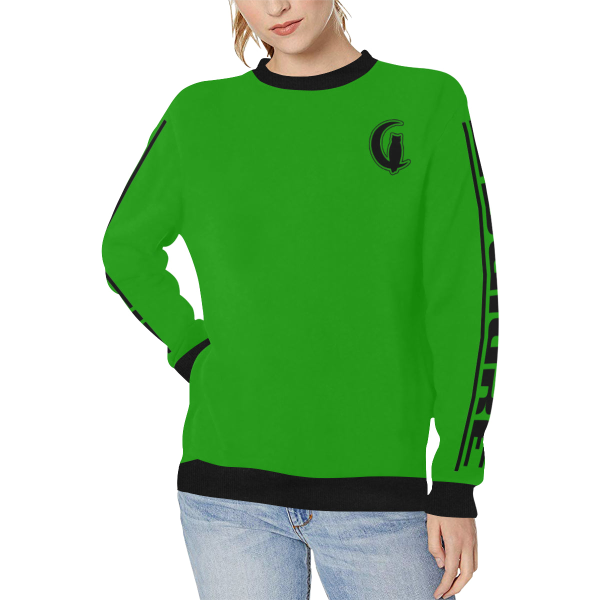 BLACC BORDER GREEN Women's Rib Cuff Crew Neck Sweatshirt