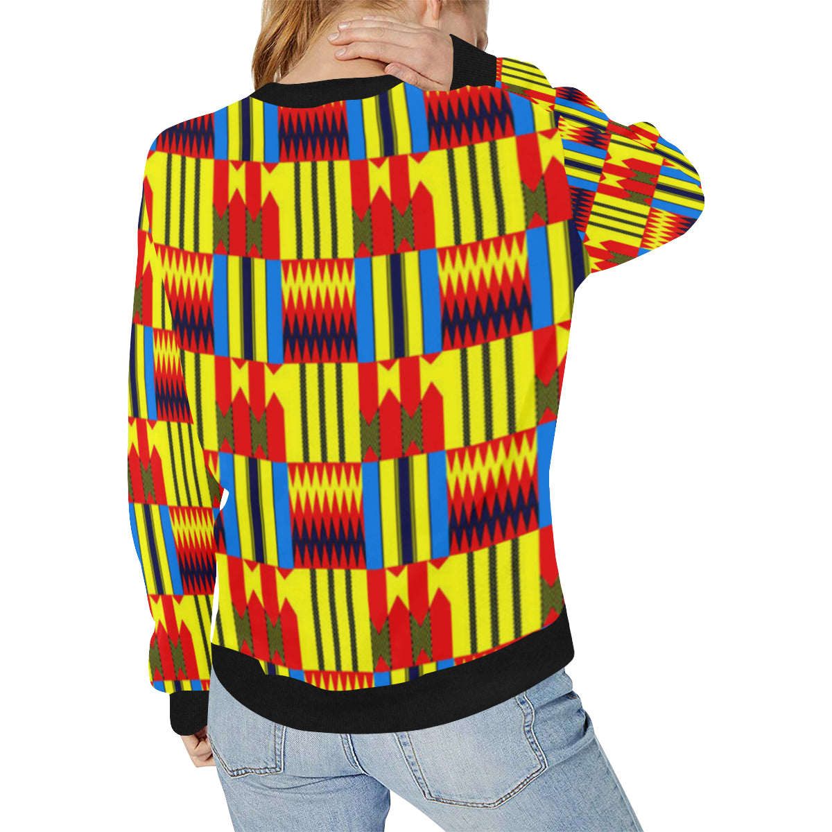 KENTE BLUE Women's Rib Cuff Crew Neck Sweatshirt