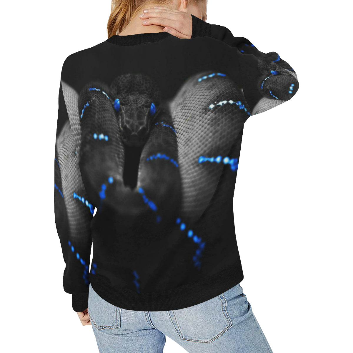 SNAKE BLUE Women's Rib Cuff Crew Neck Sweatshirt (Model H34)