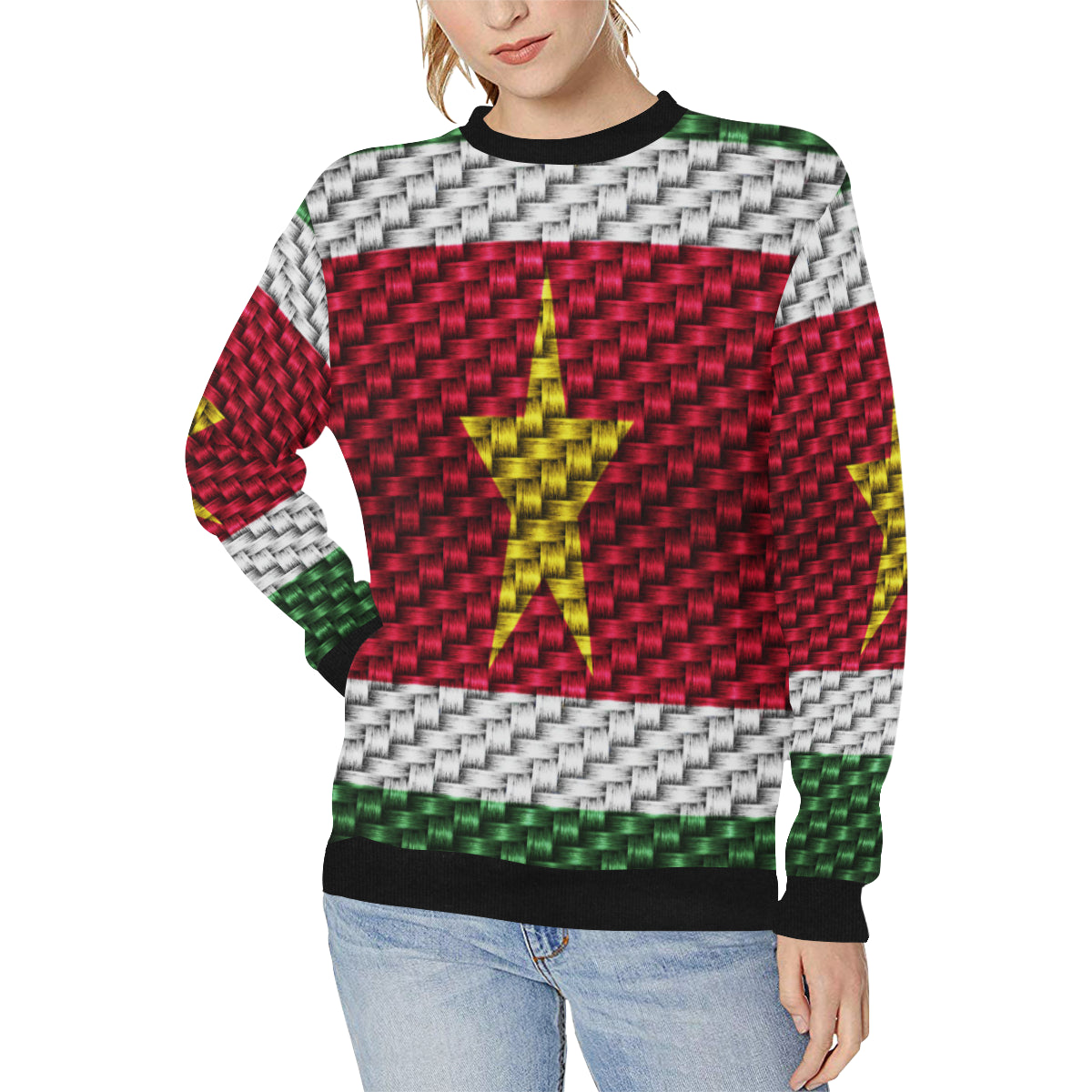 SURINAME FLAG Women's Rib Cuff Crew Neck Sweatshirt (Model H34)