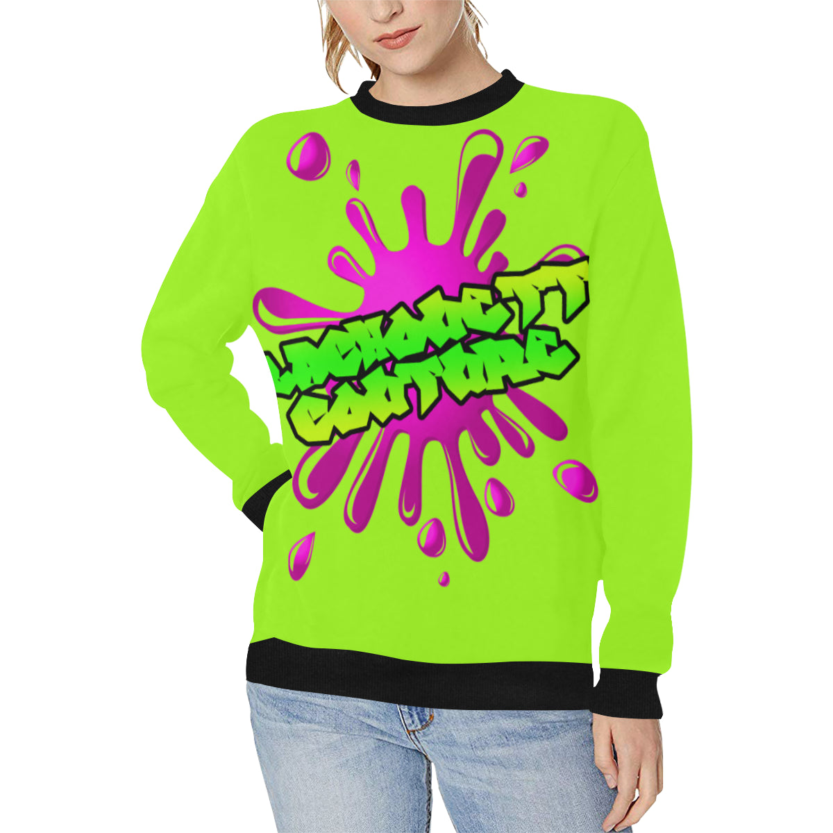 SPLASH OUT FLUO Women's Rib Cuff Crew Neck Sweatshirt (Model H34)