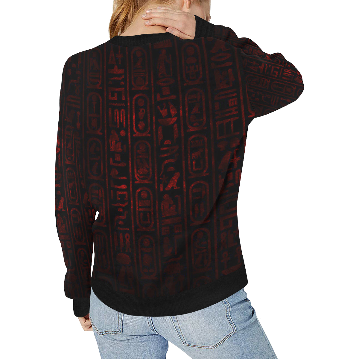 HIEROGLYH RED Women's Rib Cuff Crew Neck Sweatshirt (Model H34)