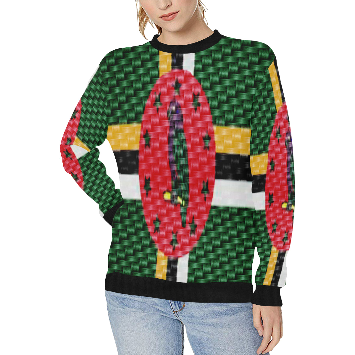 DOMINICA FLAG Women's Rib Cuff Crew Neck Sweatshirt