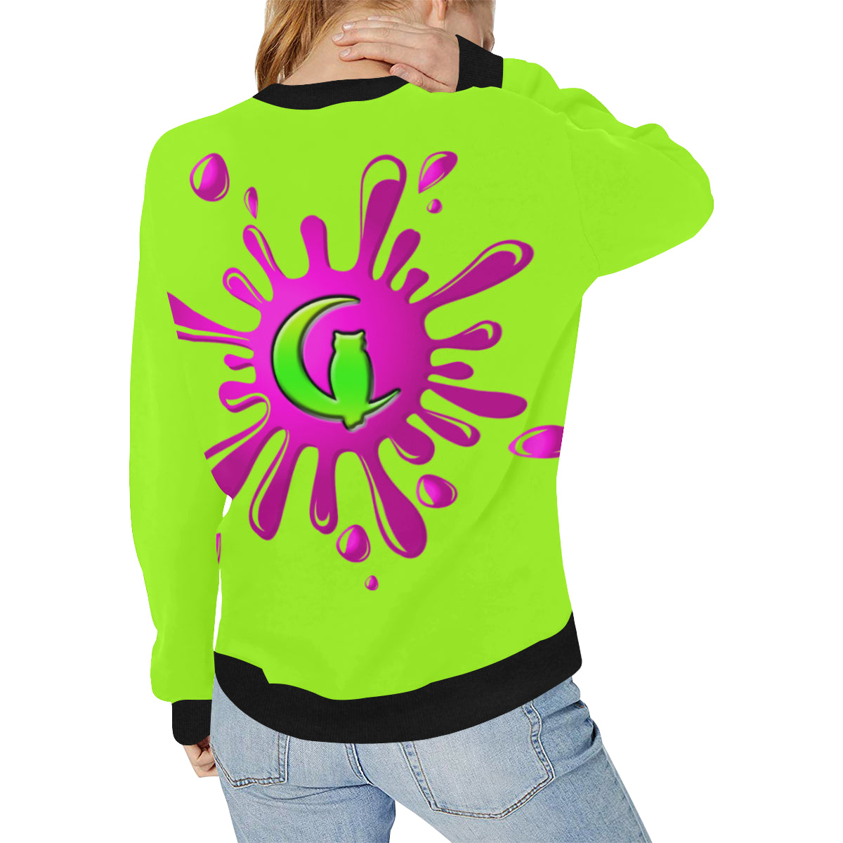 SPLASH OUT FLUO Women's Rib Cuff Crew Neck Sweatshirt (Model H34)