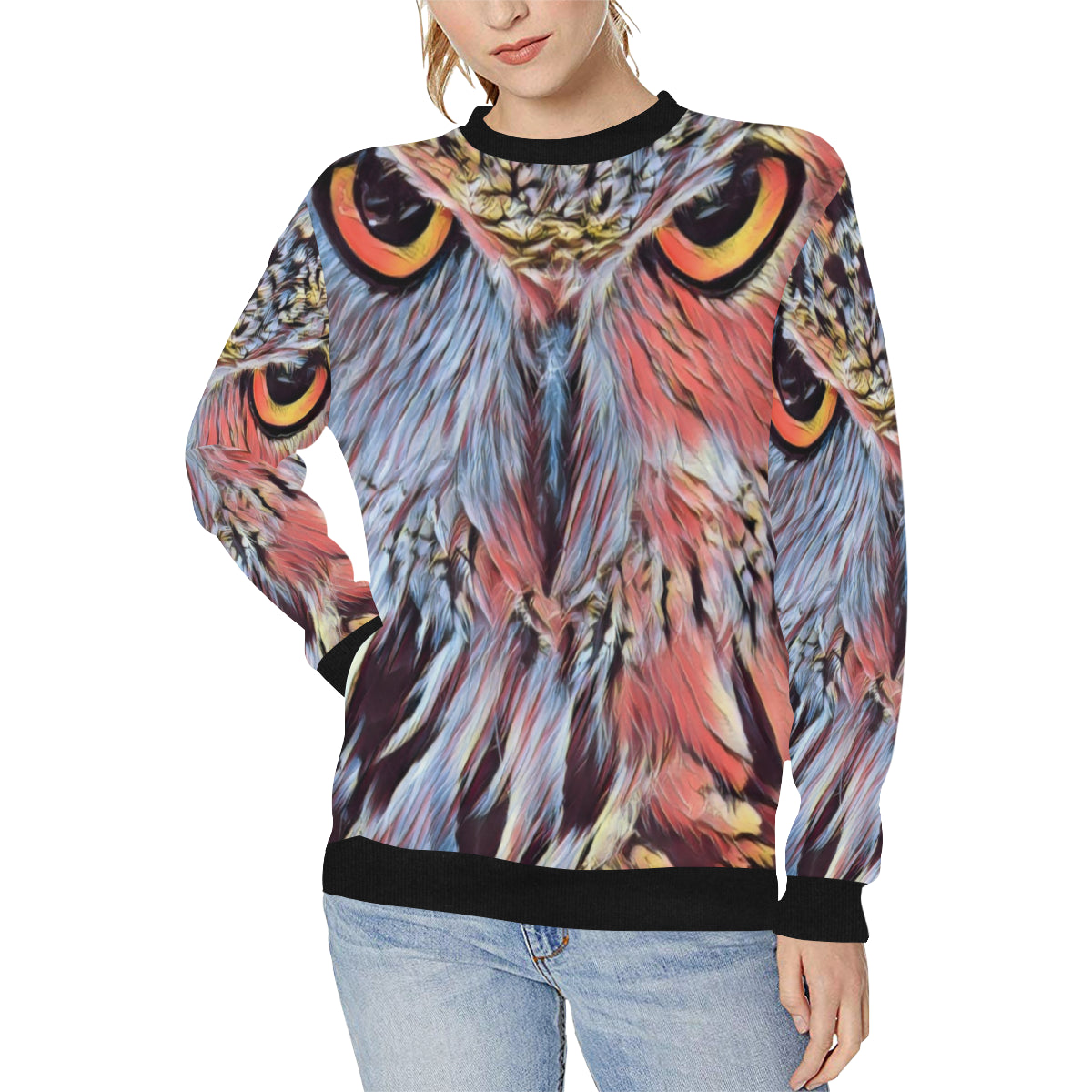 THE OWL Women's Rib Cuff Crew Neck Sweatshirt (Model H34)