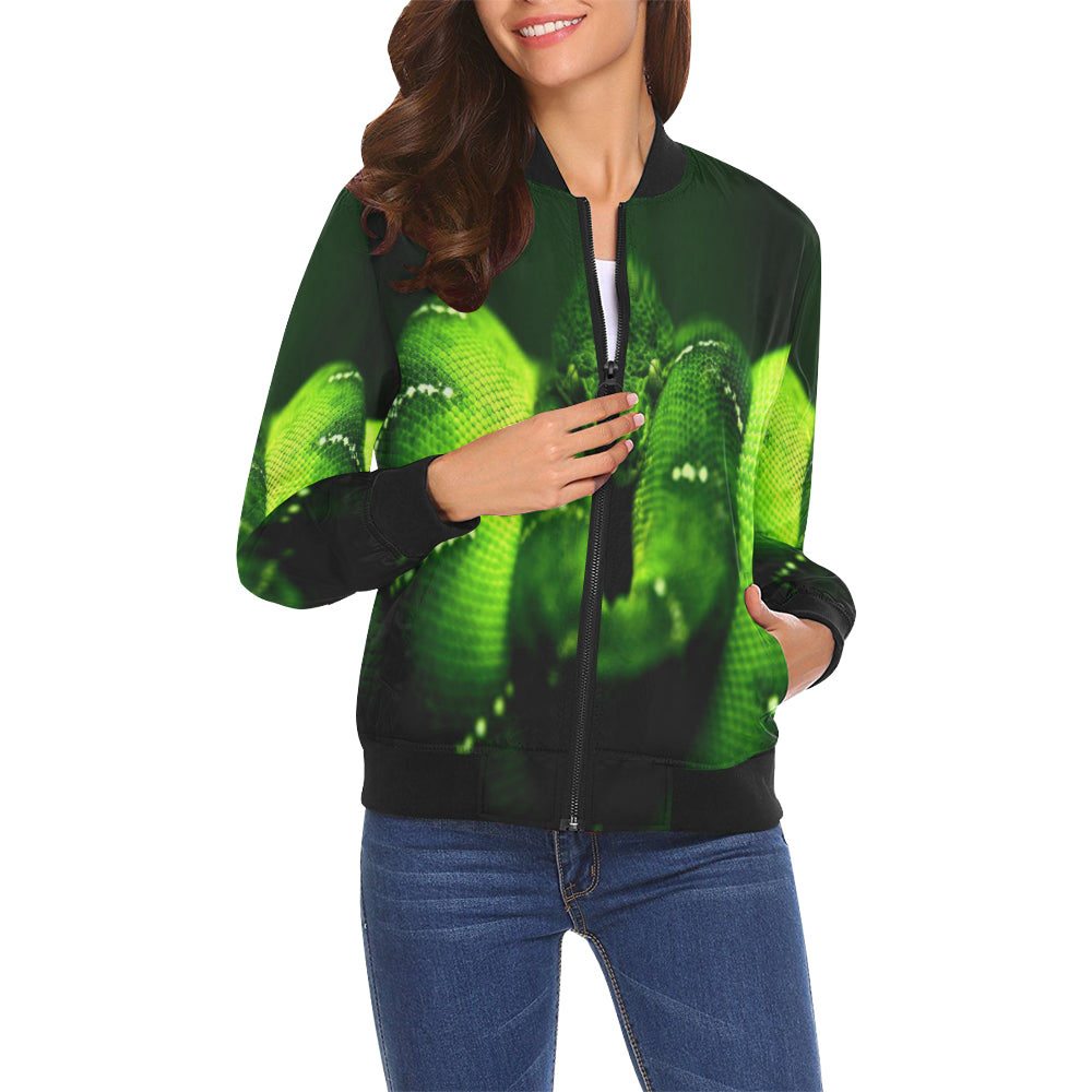 SNAKE GREEN All Over Print Bomber Jacket for Women (Model H19)