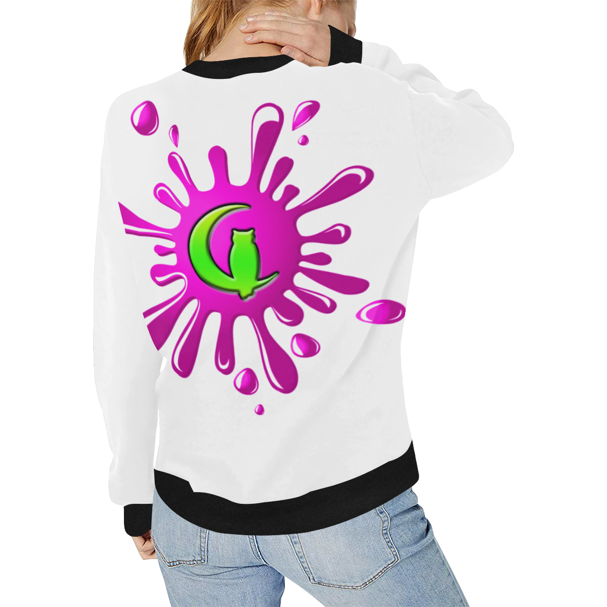 SPLASH OUT WHT Women's Rib Cuff Crew Neck Sweatshirt (Model H34)
