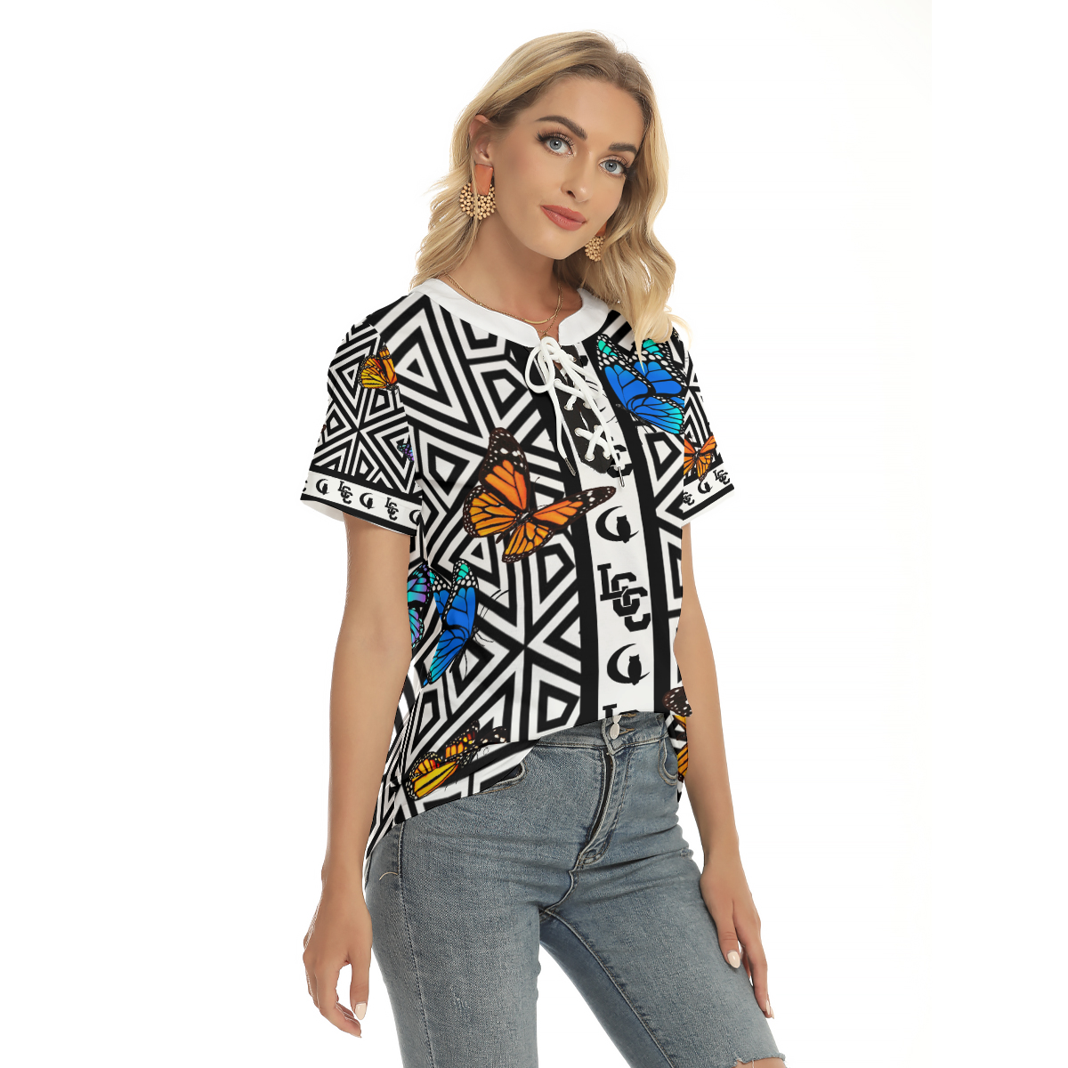 BUTTERFLY LCC Women's V-Neck Drawstring T-shirt