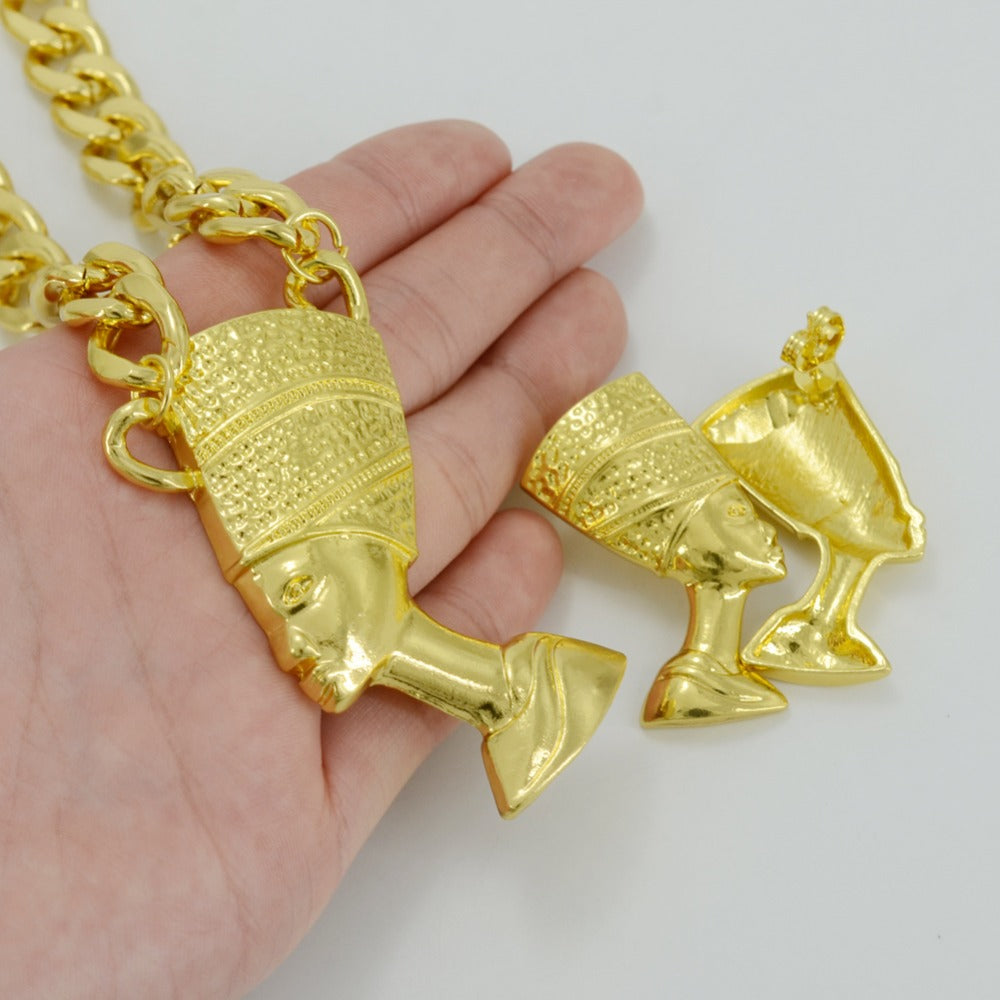 Queen Nefertiti Pendant Thick Chain Earrings Sets