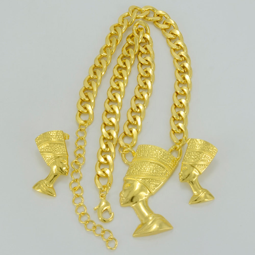 Queen Nefertiti Pendant Thick Chain Earrings Sets