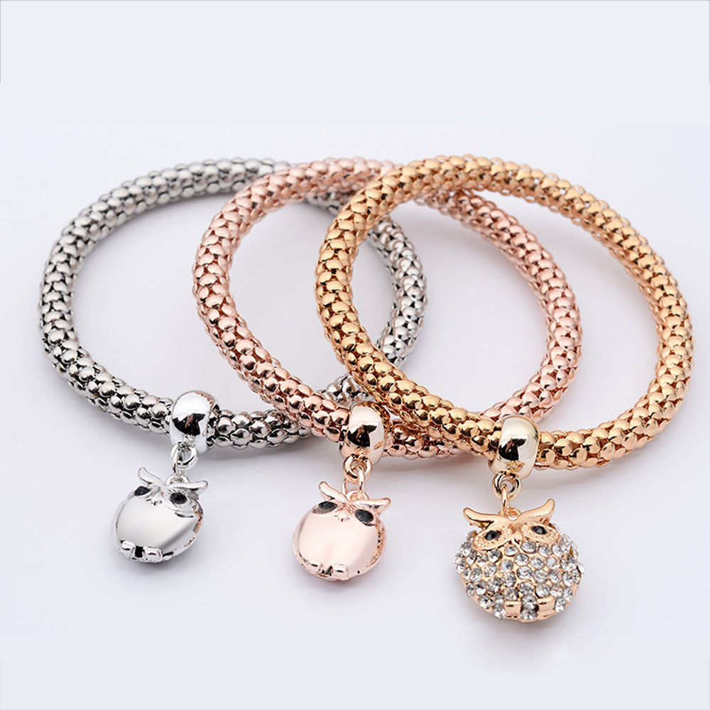 3Pcs Rhinestone Owl Pendant Bracelet Multilayer Bracelet