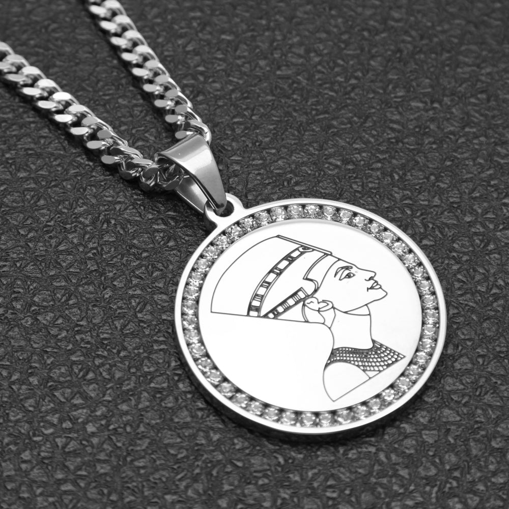 Queen Nefertiti Round Pendant Necklace Stainless Steel