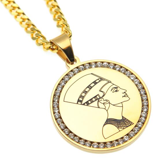 Queen Nefertiti Round Pendant Necklace Stainless Steel