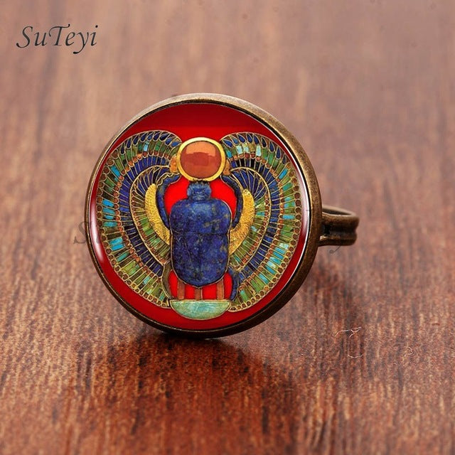 Fashion Round Glass Egyptian Scarab  Ring