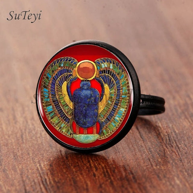 Fashion Round Glass Egyptian Scarab  Ring