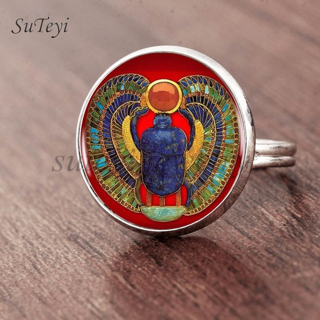 Fashion Round Glass Egyptian Scarab  Ring
