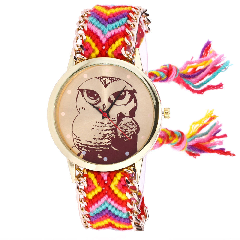 Women Owl Knitted Weaved Rope Band Bracelet Quartz Dial Wrist Watch