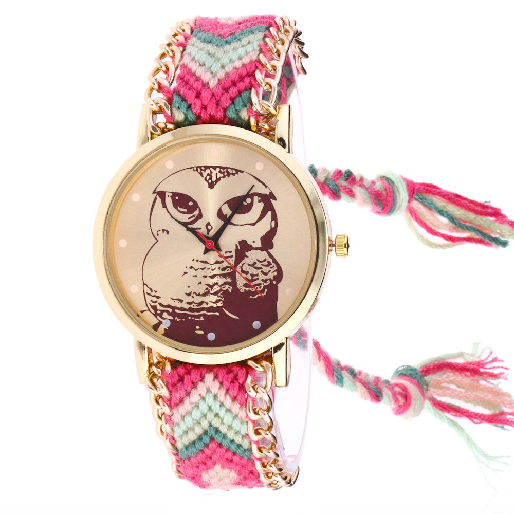 Women Owl Knitted Weaved Rope Band Bracelet Quartz Dial Wrist Watch