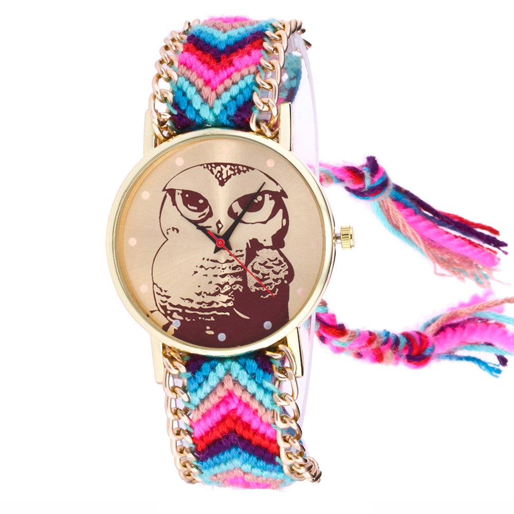 Women Owl Knitted Weaved Rope Band Bracelet Quartz Dial Wrist Watch