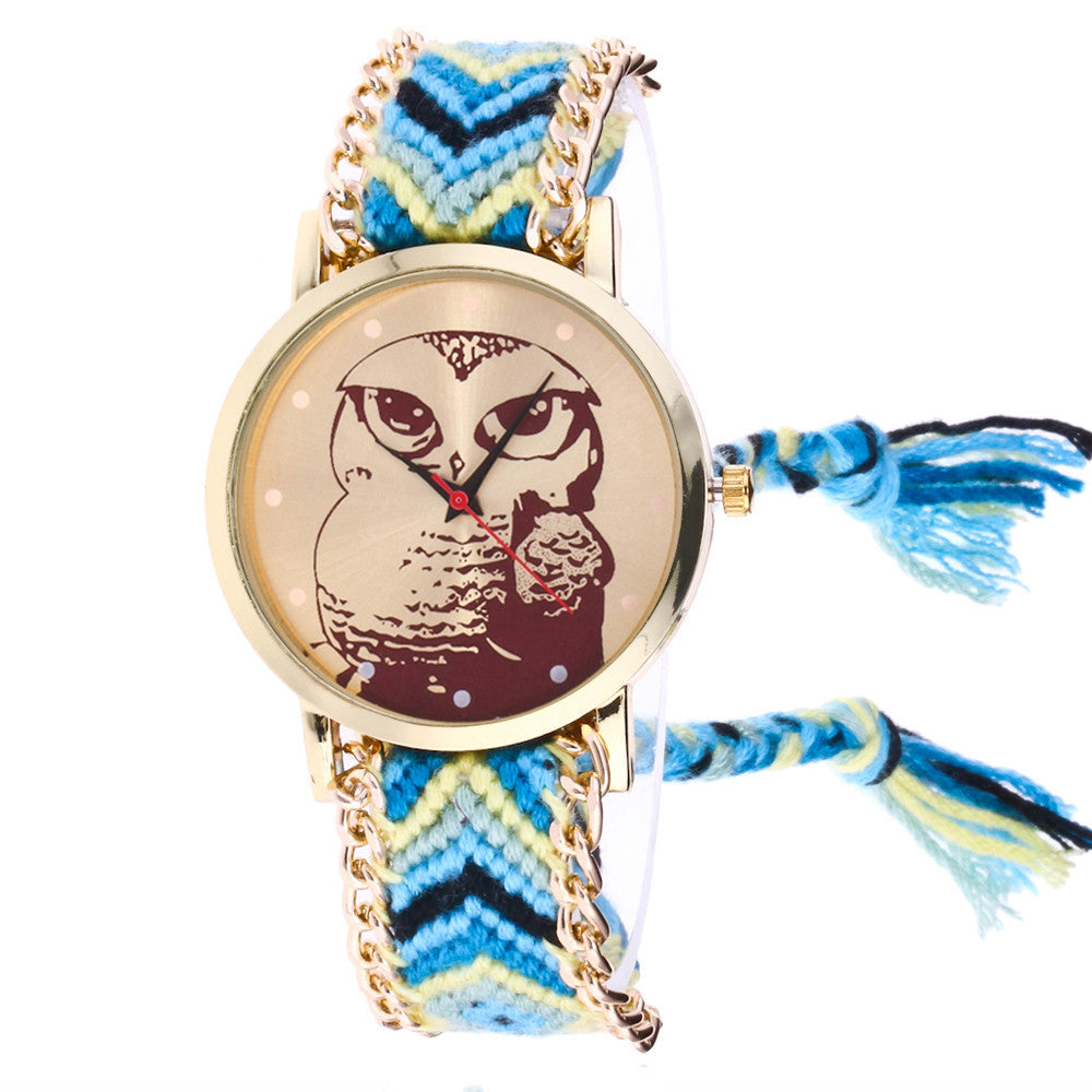 Women Owl Knitted Weaved Rope Band Bracelet Quartz Dial Wrist Watch