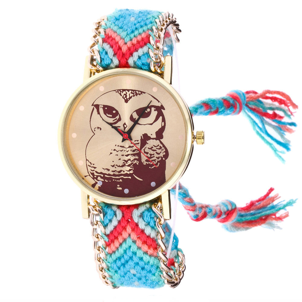 Women Owl Knitted Weaved Rope Band Bracelet Quartz Dial Wrist Watch