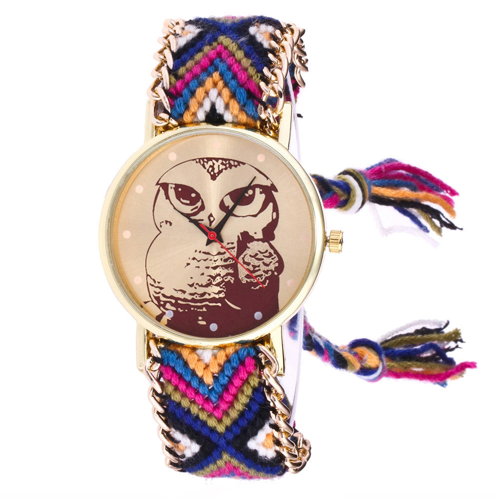 Women Owl Knitted Weaved Rope Band Bracelet Quartz Dial Wrist Watch