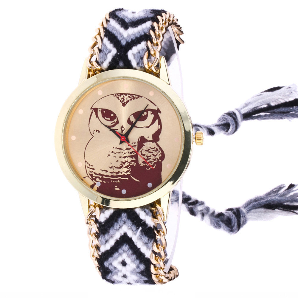 Women Owl Knitted Weaved Rope Band Bracelet Quartz Dial Wrist Watch