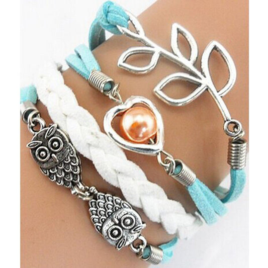 Leaf Owls Pearl Multilayer Leather Bracelet Wristband
