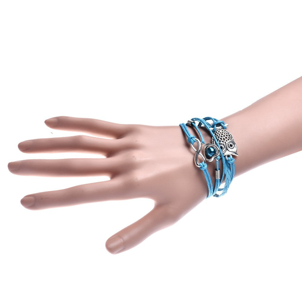 Owl Pearl Heart Handmade Leather Braid Fashion Bracelet