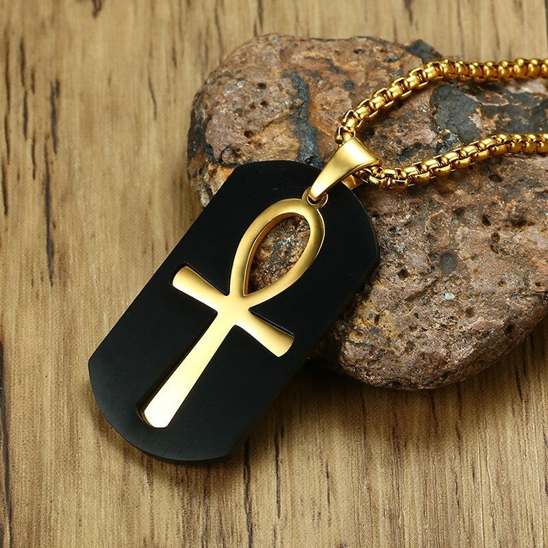 Stainless Steel Ankh Pendant Vintage Gold Color Chain 24"