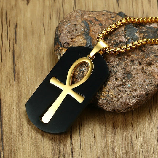 Stainless Steel Ankh Pendant Vintage Gold Color Chain 24"