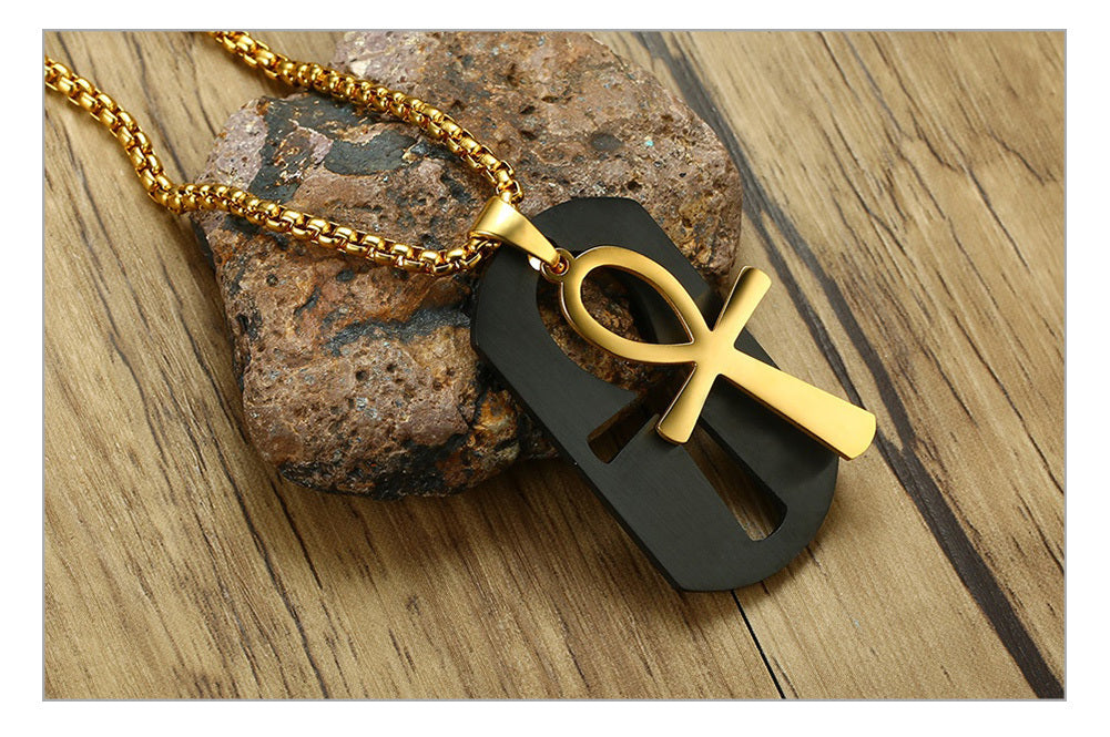 Stainless Steel Ankh Pendant Vintage Gold Color Chain 24"