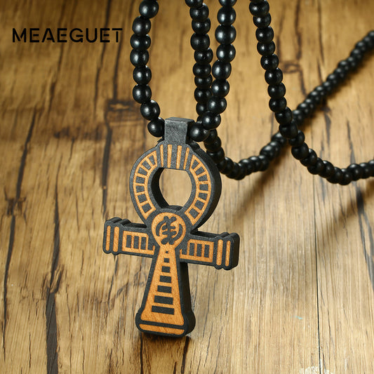 Carving Ankh Pendant Necklace Amulet With 8mm Wood Beads Chain Length-90CM