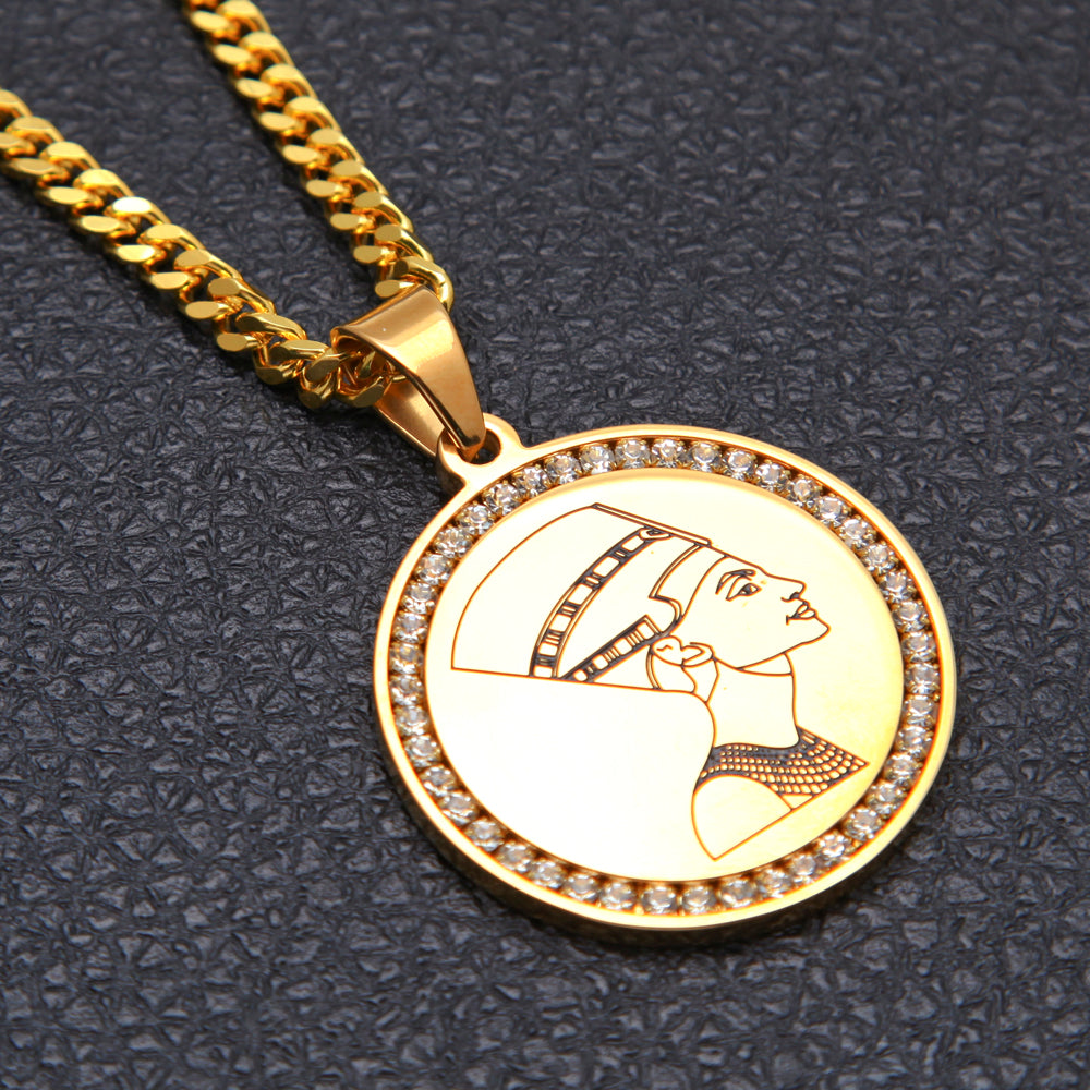 Queen Nefertiti Round Pendant Necklace Stainless Steel