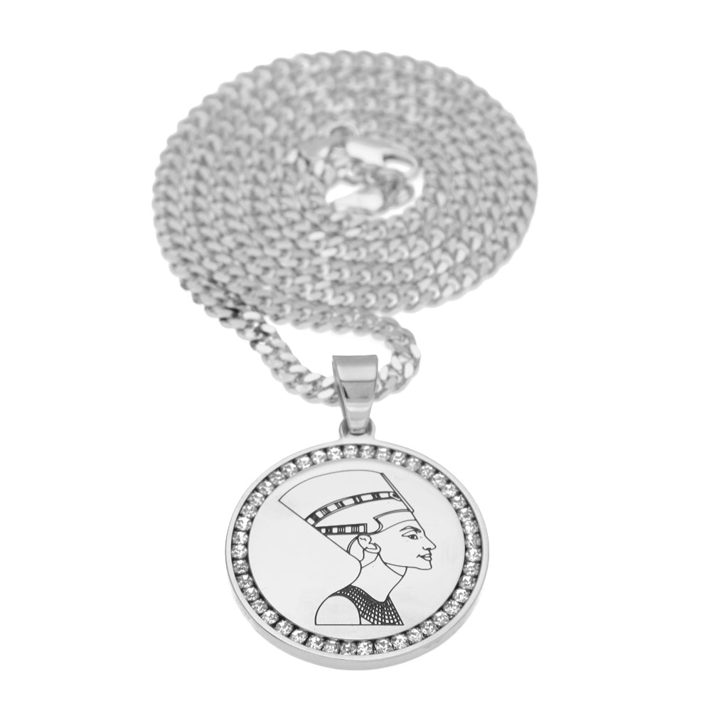 Queen Nefertiti Round Pendant Necklace Stainless Steel