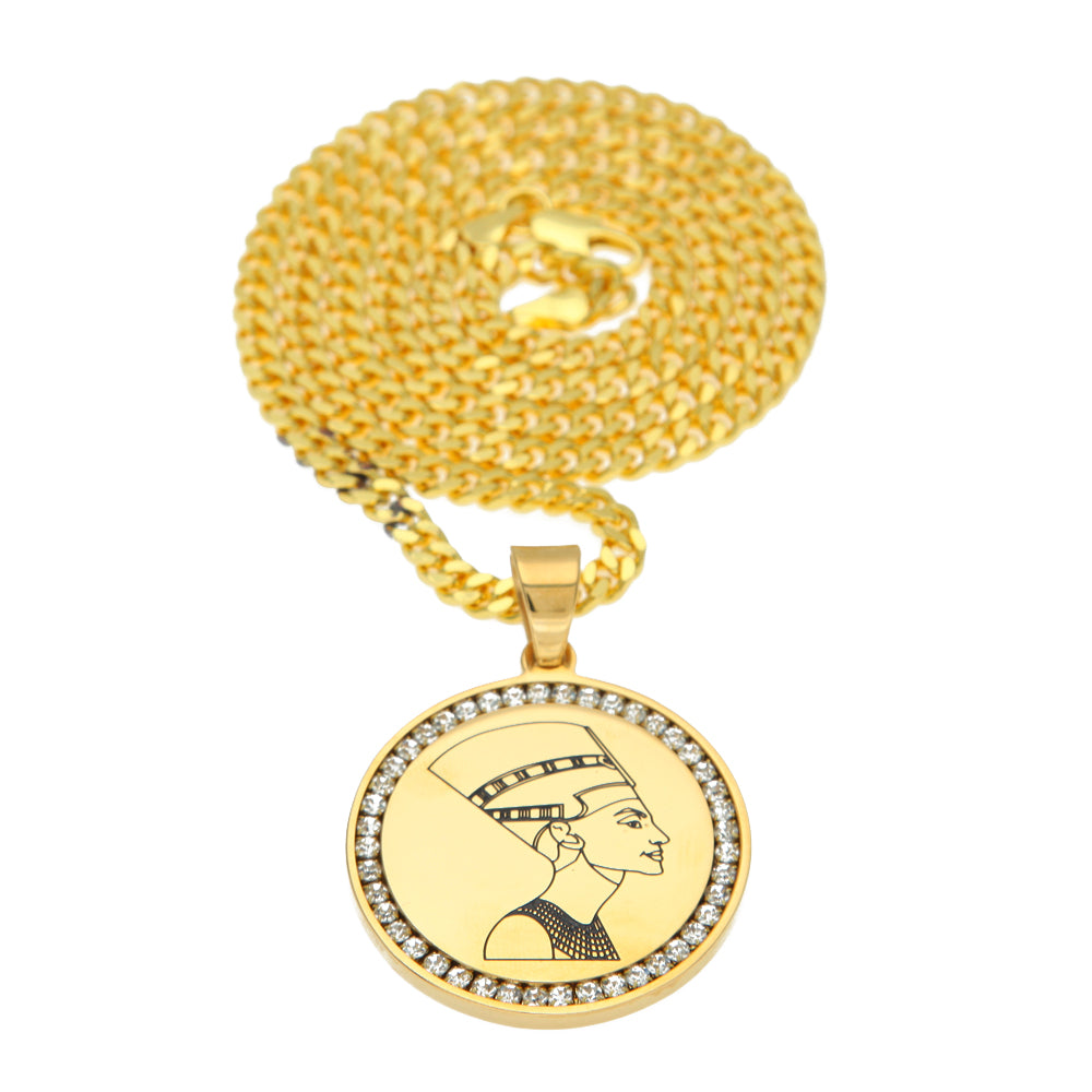 Queen Nefertiti Round Pendant Necklace Stainless Steel