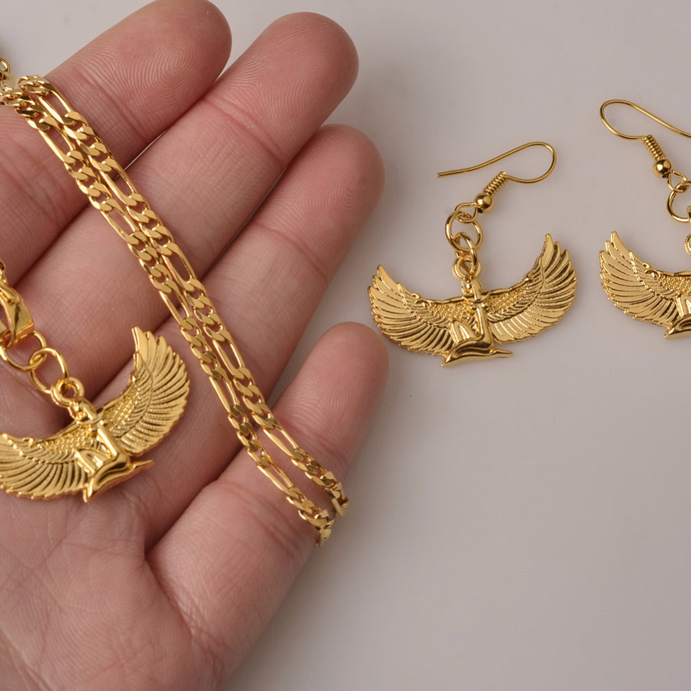 Egyptian Wing Goddess Necklace Earrings sets Gold Color